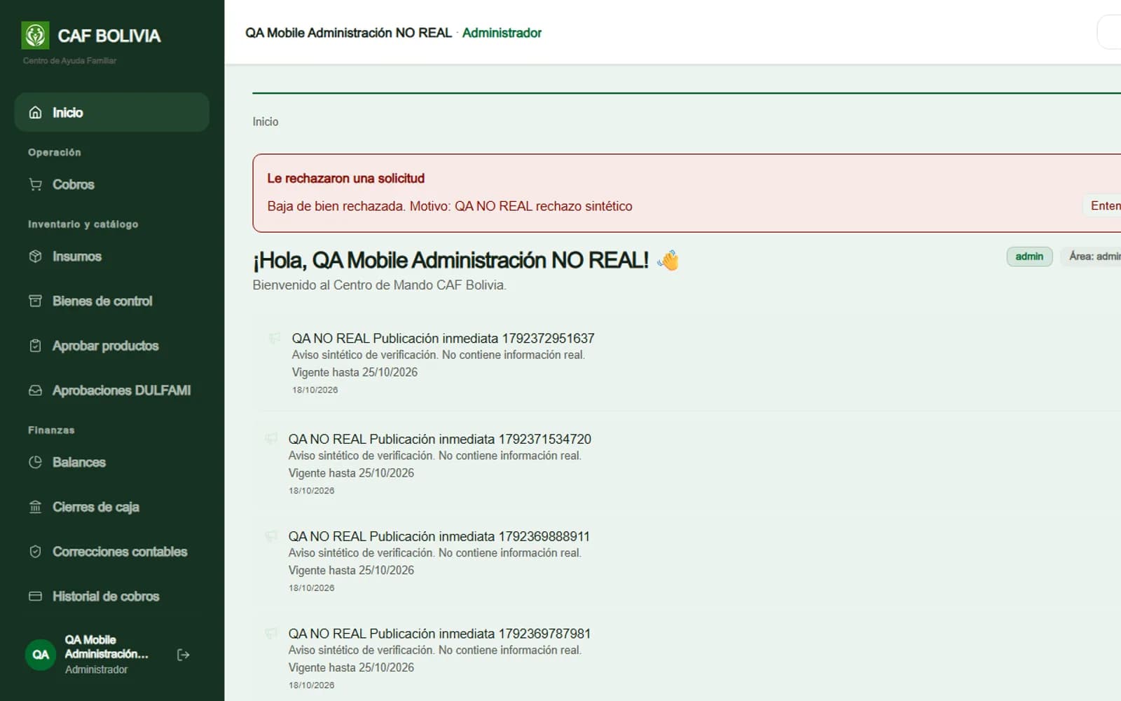 Panel de administración de CAF con datos de prueba: menú por módulos de operación, inventario y finanzas, y avisos del centro de mando.